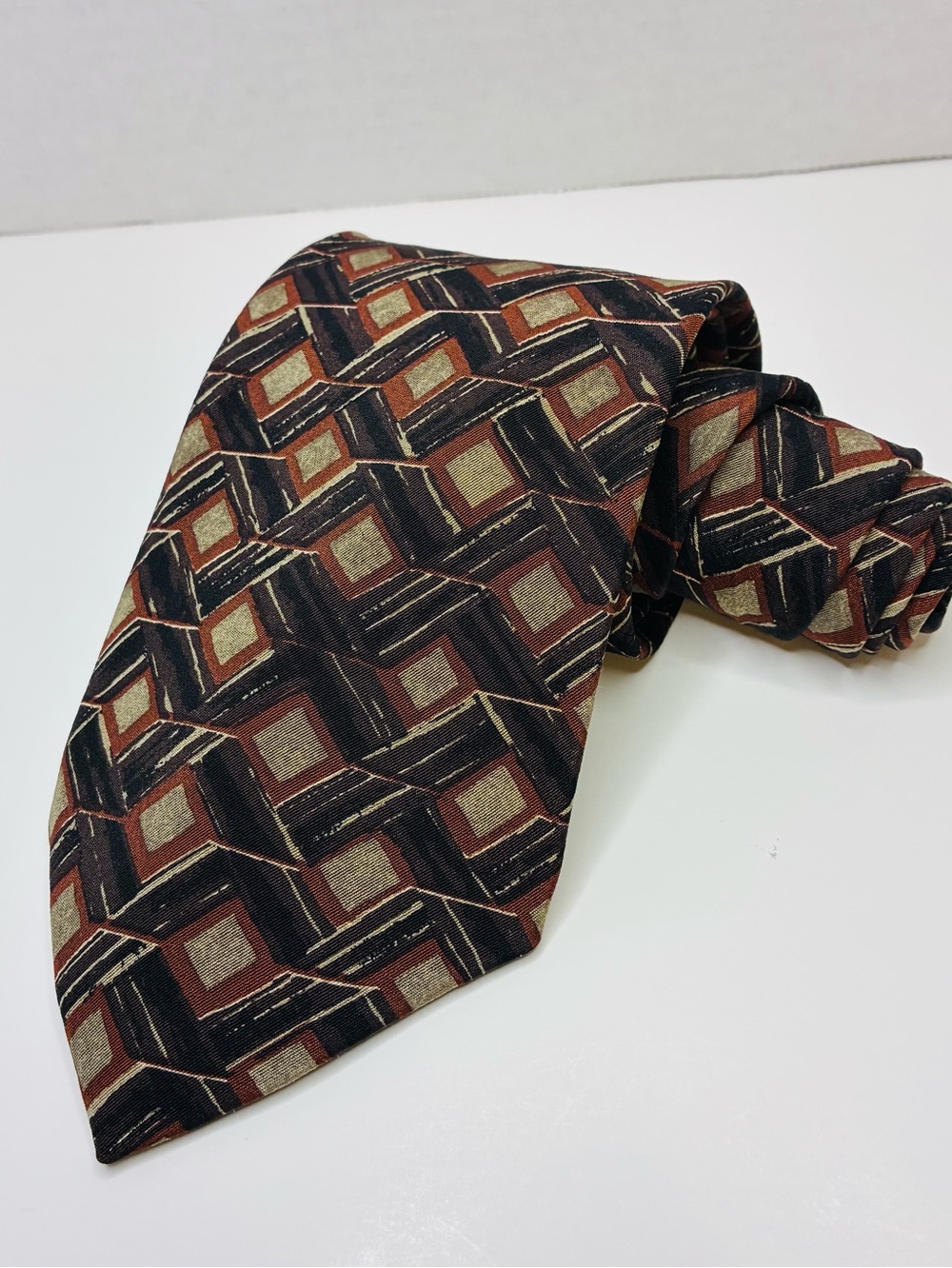 Vintage HUGO BOSS Silk Tie Italy Brown Tan Taupe Geometric Block 90s 58x 3 7/8”